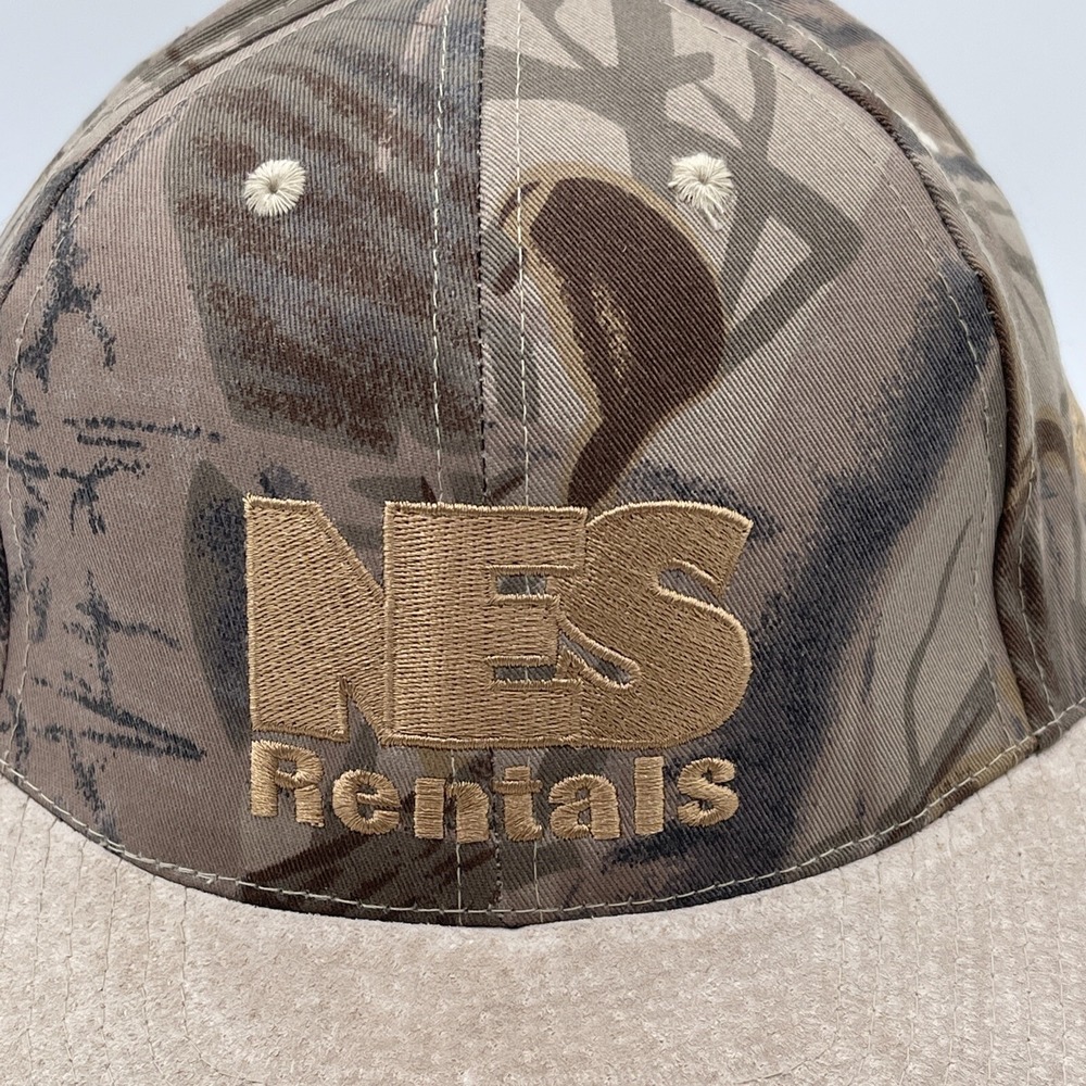 NES Rentals Camouflage Hat Tan Faux Suede Brim Adjustable Gear Up Promo Cap - Picture 2 of 13